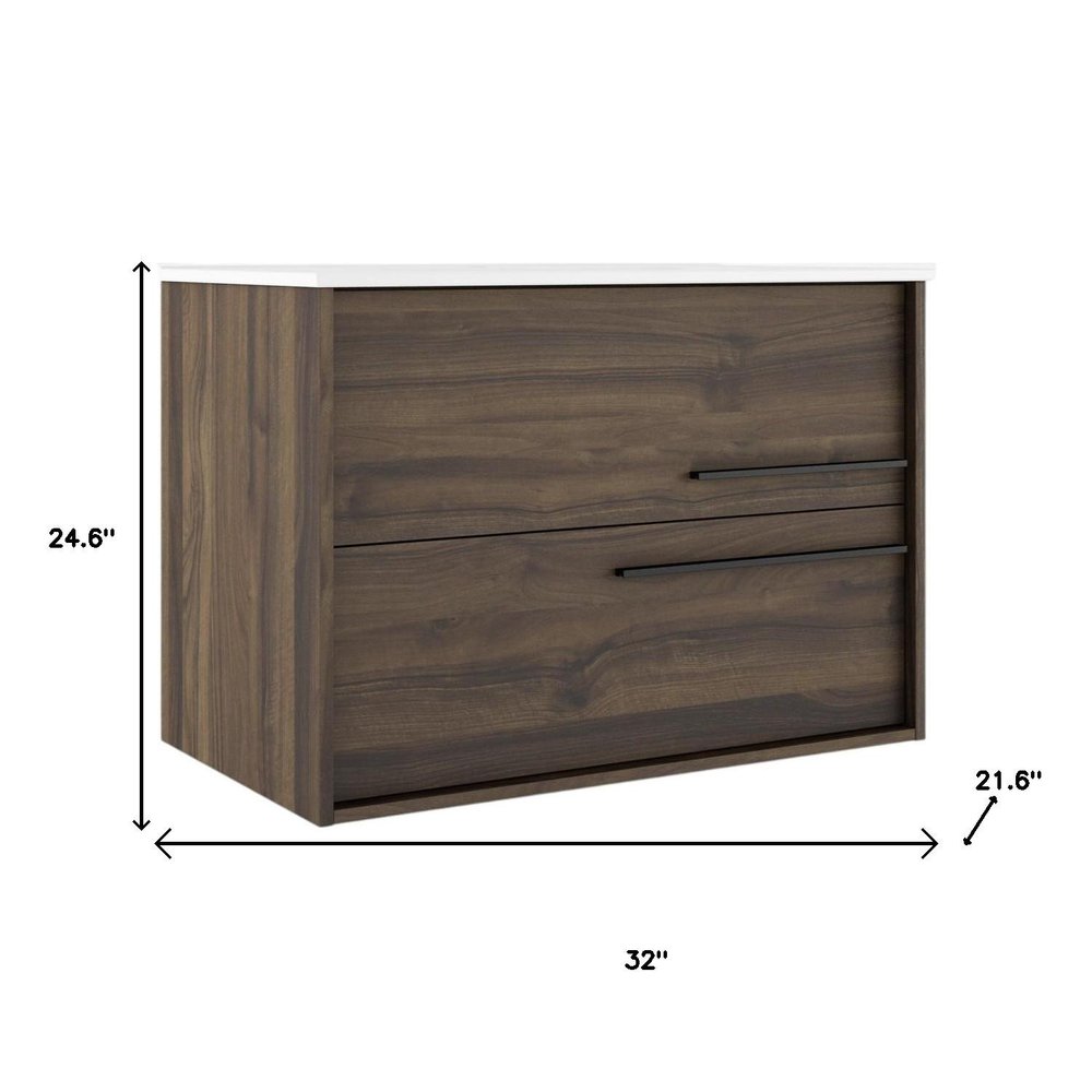 32" Dark Brown Wood Floating Bathroom Vanity With White Sink And Two Drawers