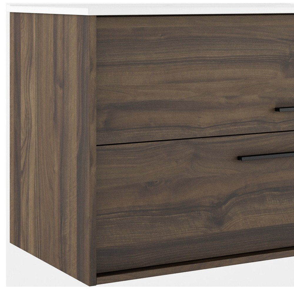 32" Dark Brown Wood Floating Bathroom Vanity With White Sink And Two Drawers