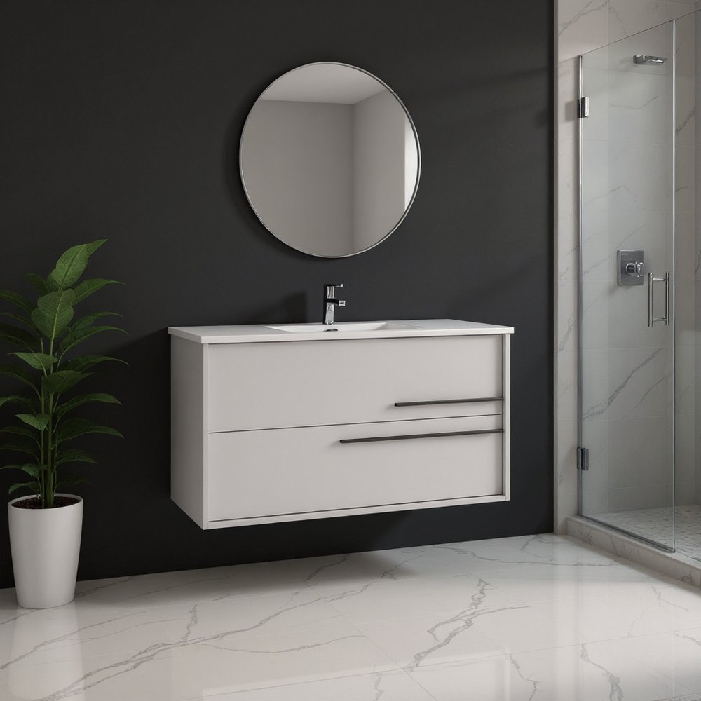 40" Off White Wood Floating Bathroom Vanity With White Sink And Two Drawers