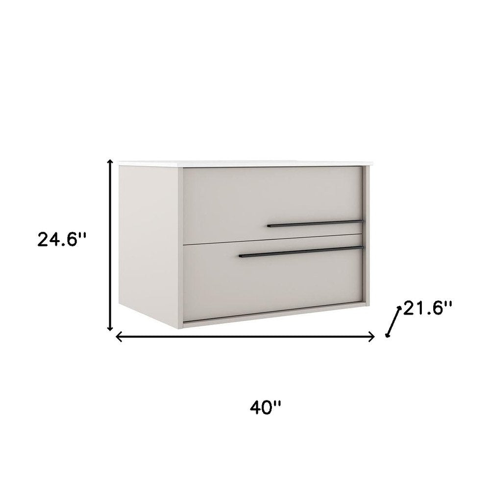 40" Tan Wood Floating Bathroom Vanity With White Sink And Two Drawers