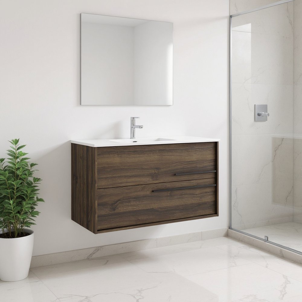 40" Dark Brown Wood Floating Bathroom Vanity With White Sink And Two Drawers