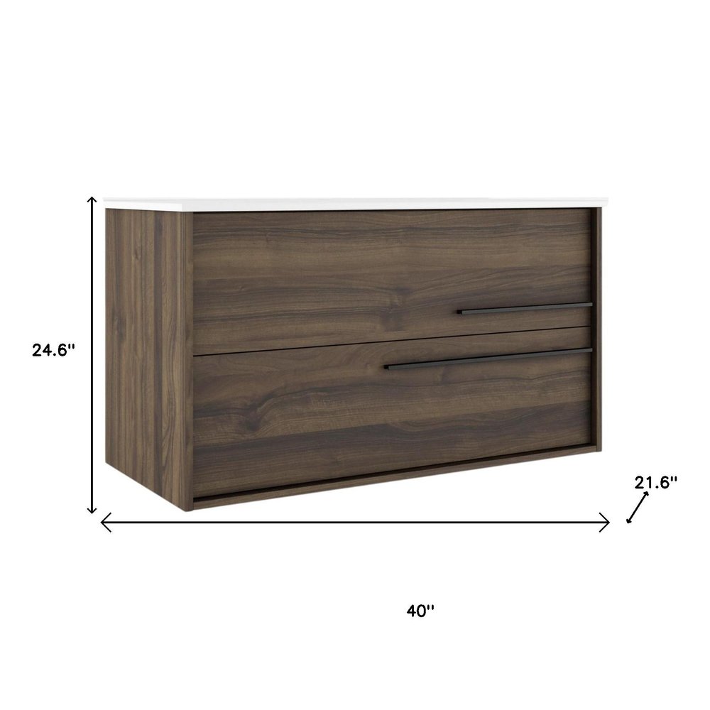 40" Dark Brown Wood Floating Bathroom Vanity With White Sink And Two Drawers