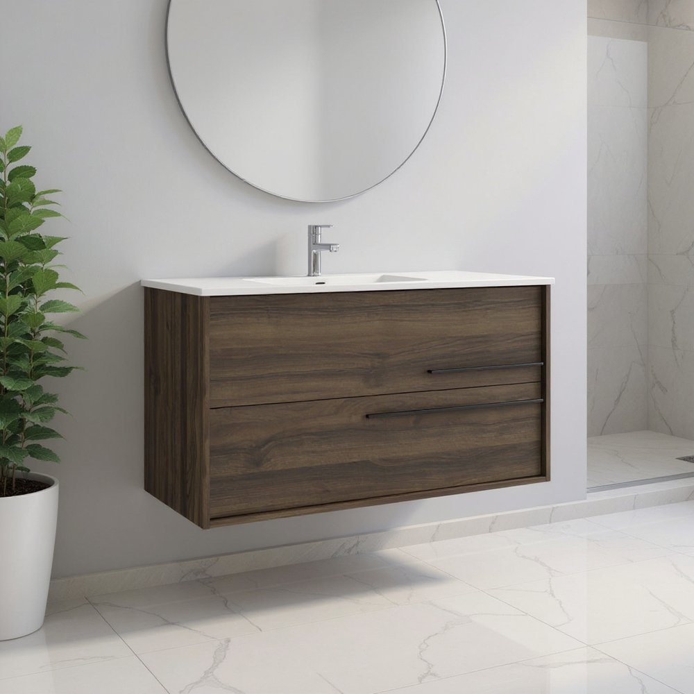 40" Dark Brown Wood Floating Bathroom Vanity With White Sink And Two Drawers