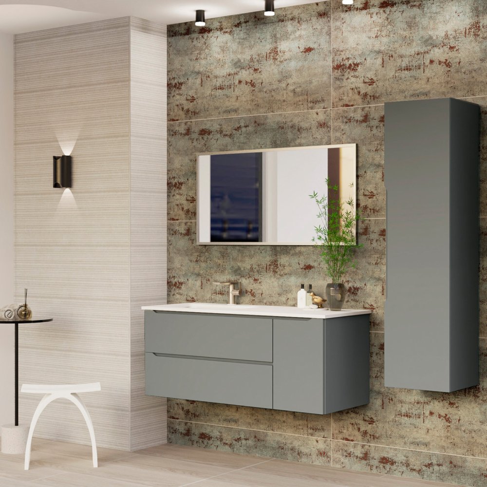 40" Gray Wood Floating Bathroom Vanity With White Sink And Two Drawers