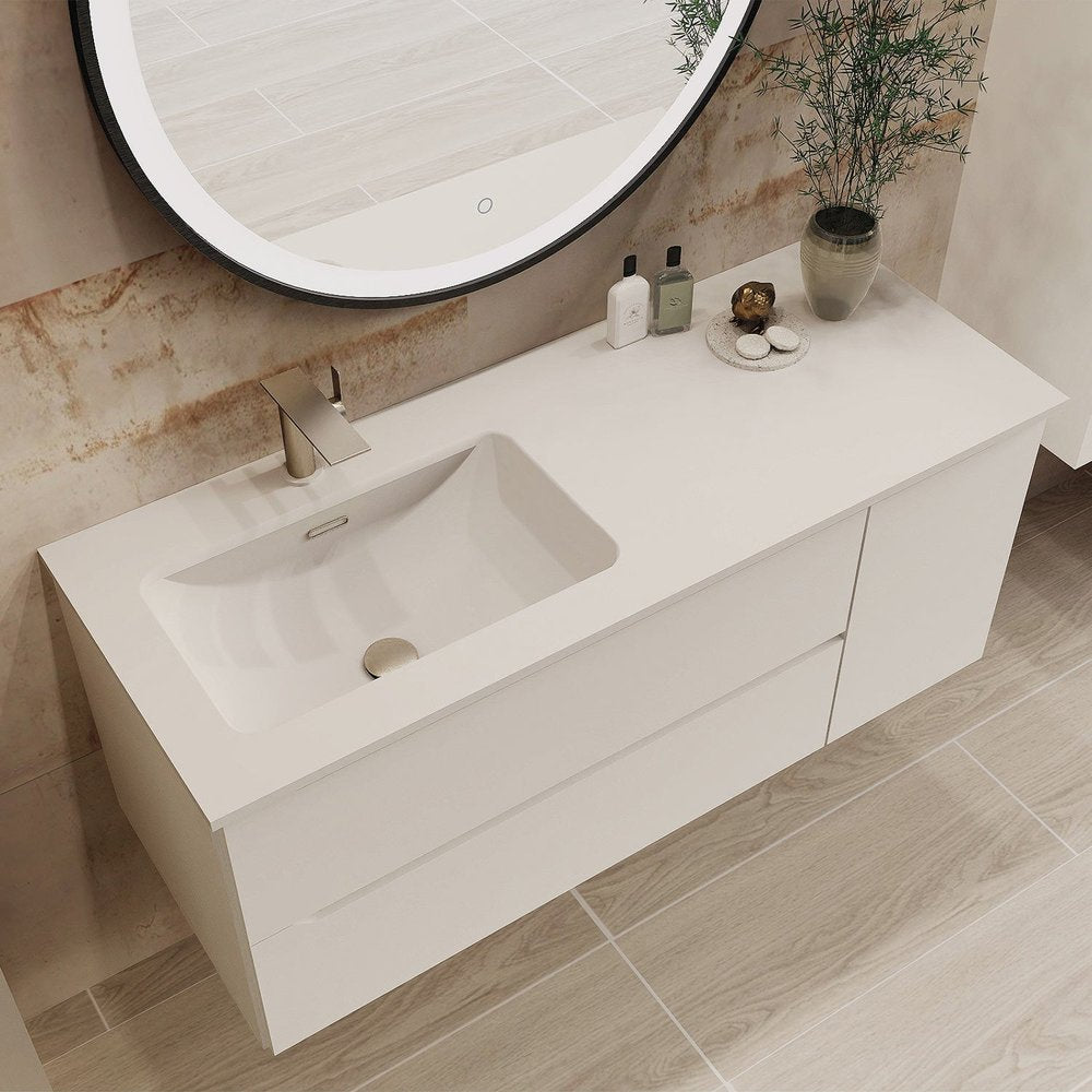48" White Wood Floating Bathroom Vanity With White Sink And Two Drawers