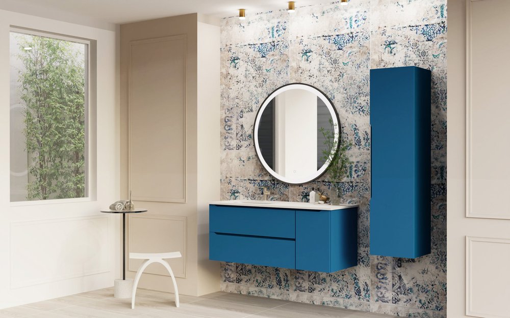48" Blue Wood Floating Bathroom Vanity With White Sink And Two Drawers