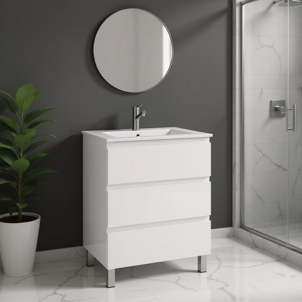 24" White Wood Freestanding Bathroom Vanity With White Sink And Three Drawers