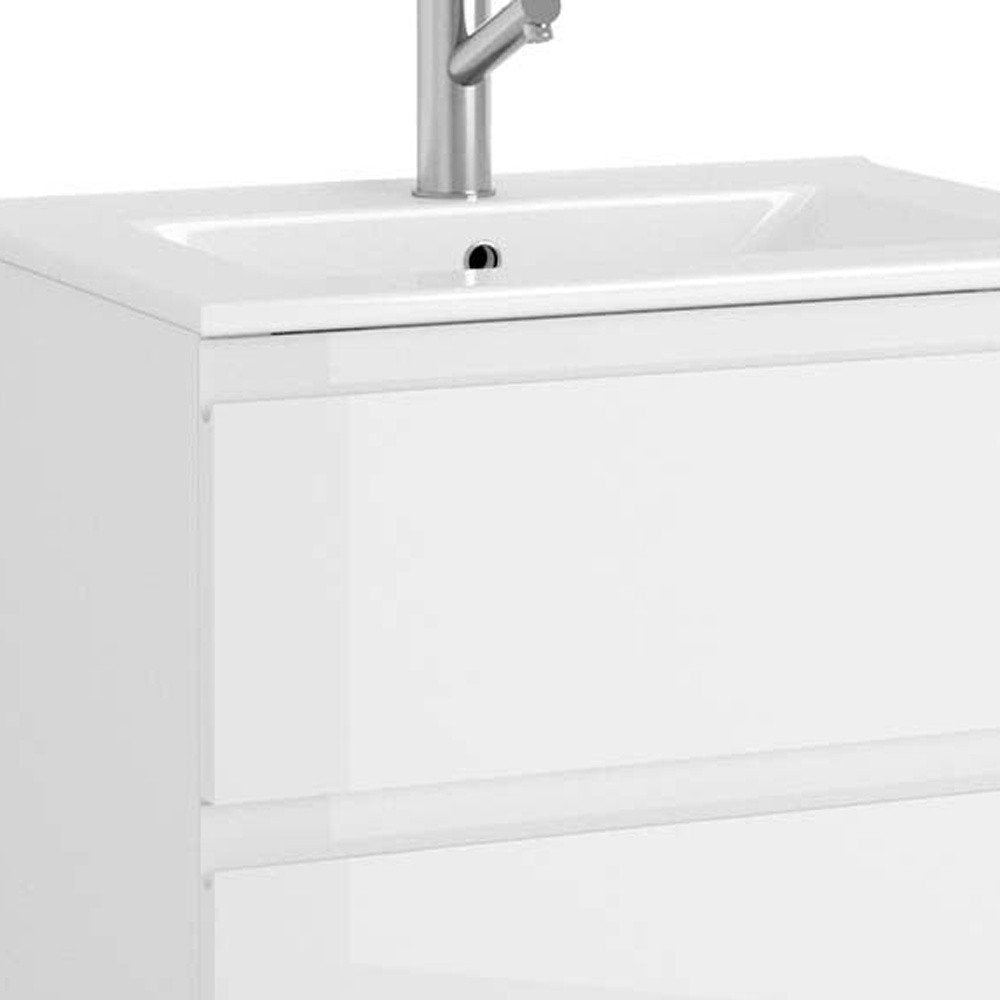 24" White Wood Freestanding Bathroom Vanity With White Sink And Three Drawers