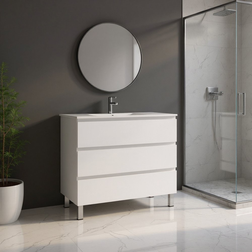 36" White Wood Freestanding Bathroom Vanity With White Sink And Three Drawers