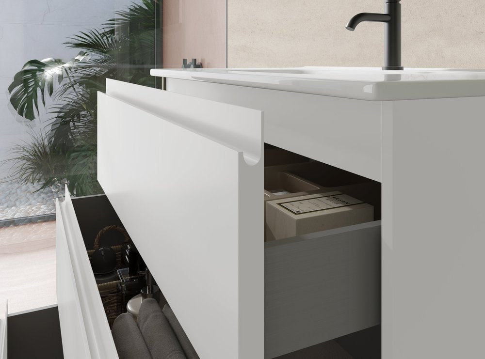 40" White Wood Freestanding Bathroom Vanity With White Sink And Three Drawers