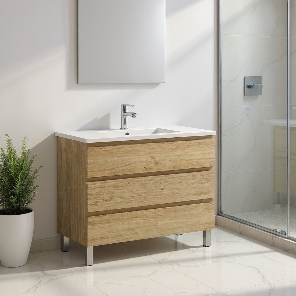 40" Oak Wood Freestanding Bathroom Vanity With White Sink And Three Drawers