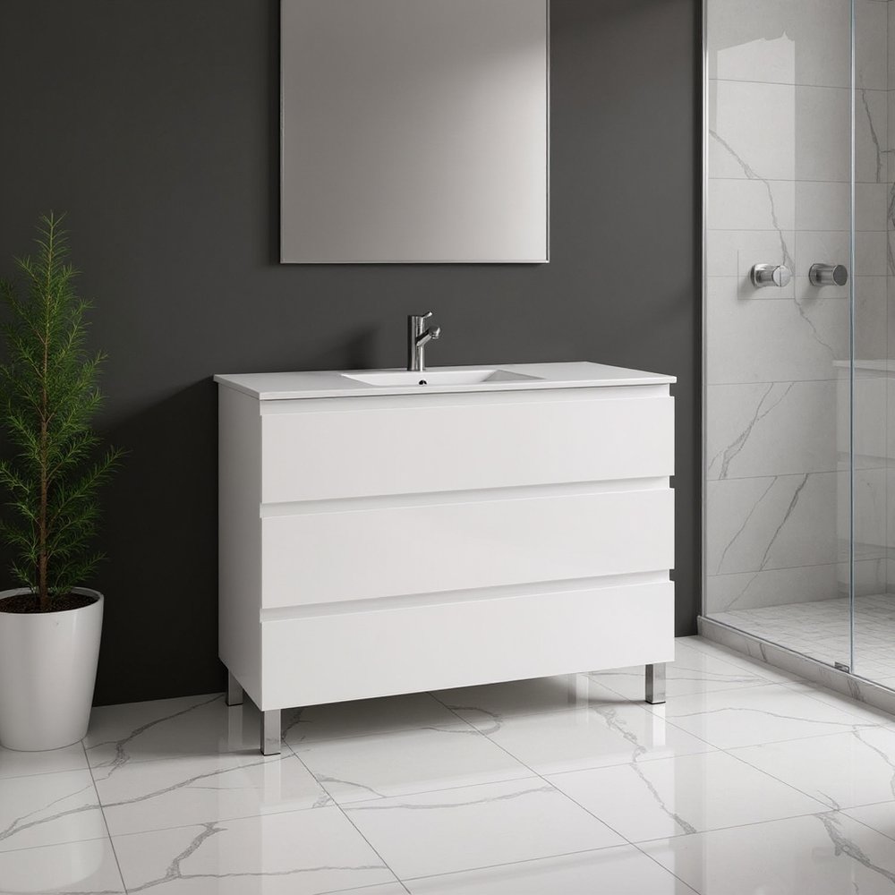 48" White Wood Freestanding Bathroom Vanity With White Sink And Three Drawers