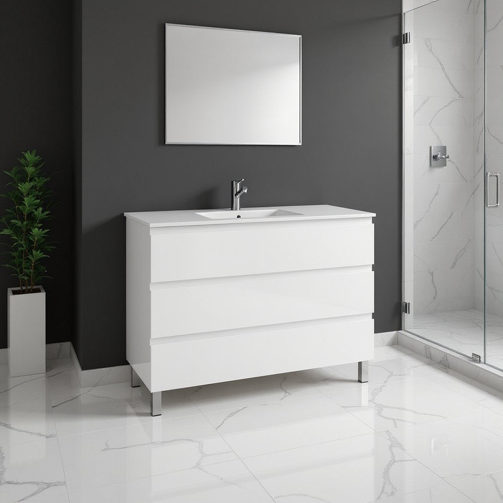 48" White Wood Freestanding Bathroom Vanity With White Sink And Three Drawers