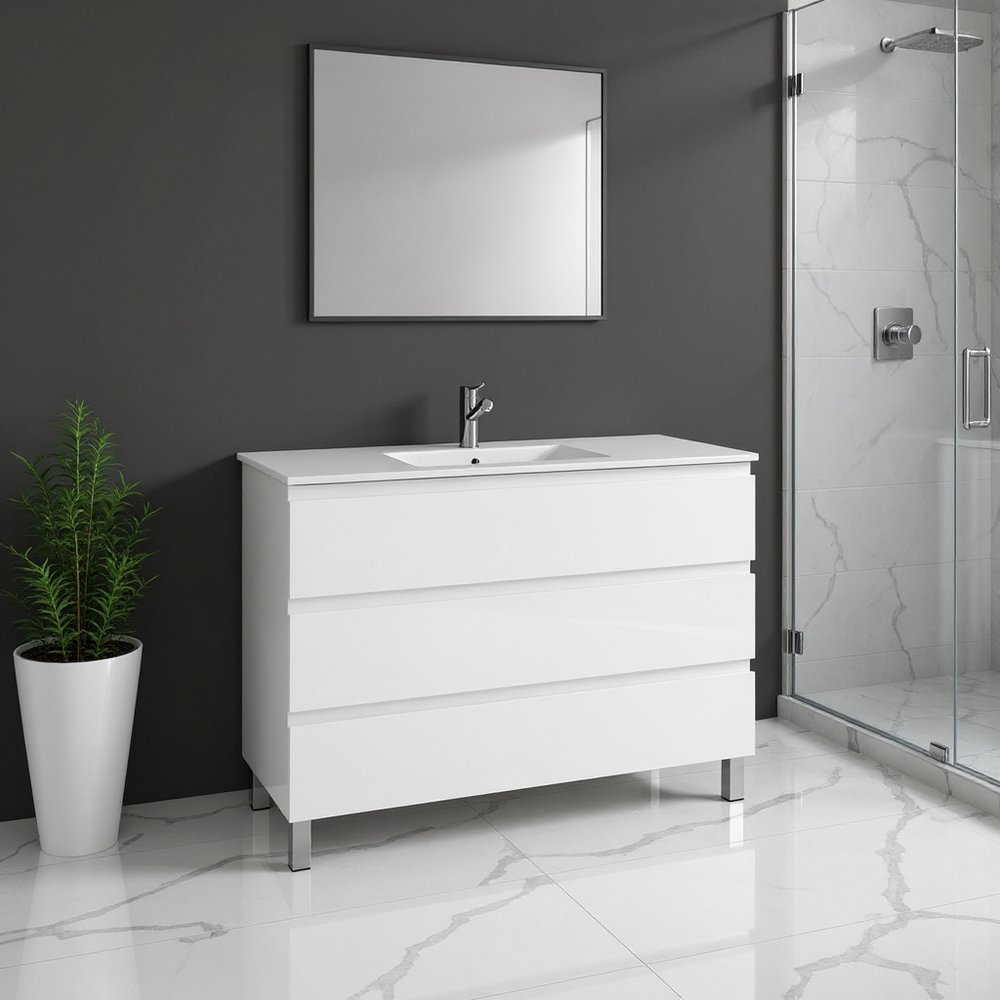 48" White Wood Freestanding Bathroom Vanity With White Sink And Three Drawers