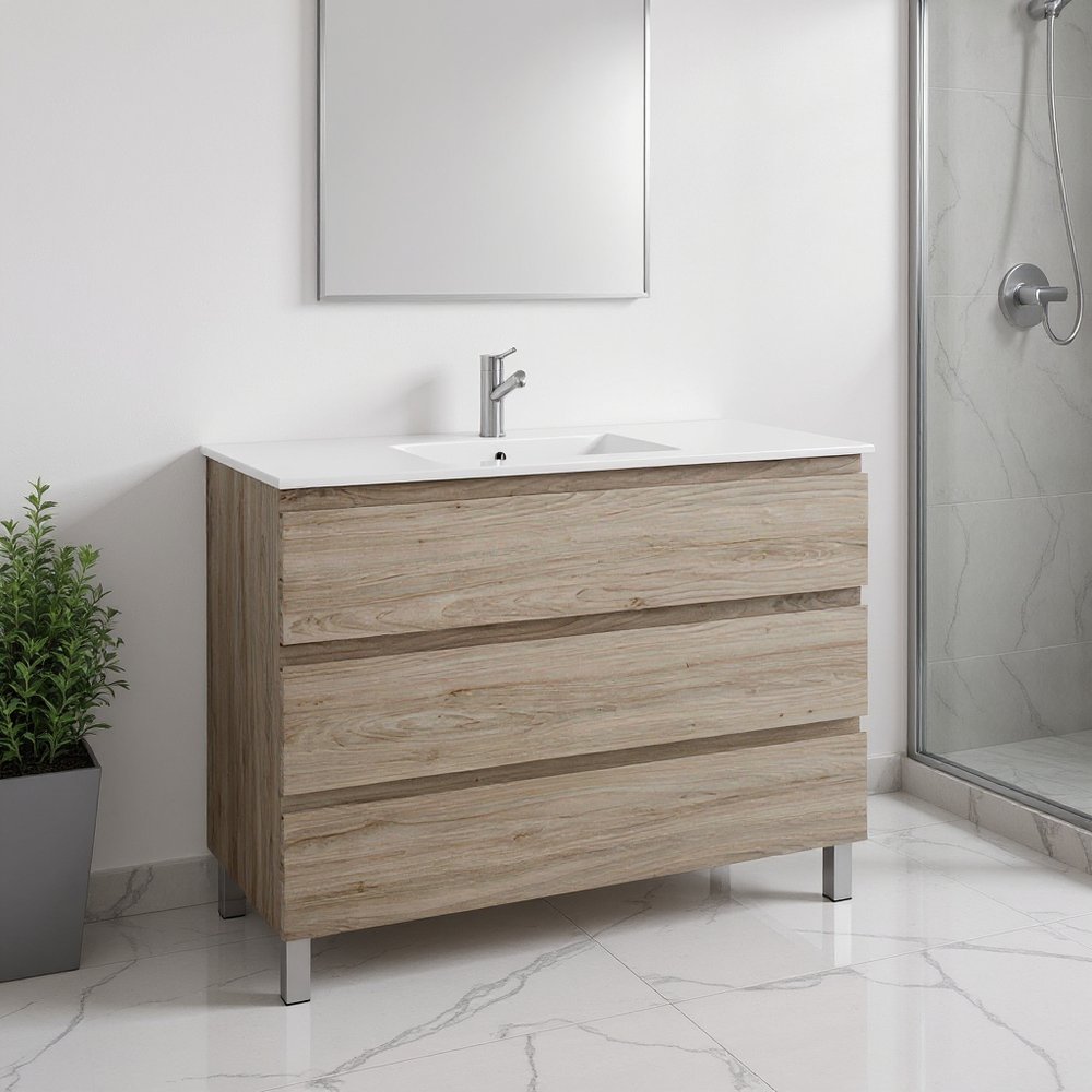 48" Natural Wood Freestanding Bathroom Vanity With White Sink And Three Drawers