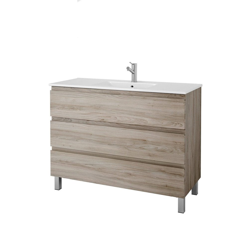 48" Natural Wood Freestanding Bathroom Vanity With White Sink And Three Drawers