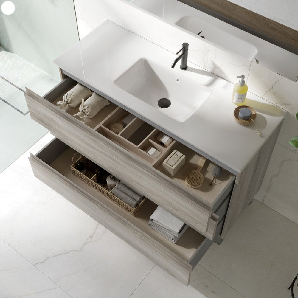 48" Natural Wood Freestanding Bathroom Vanity With White Sink And Three Drawers
