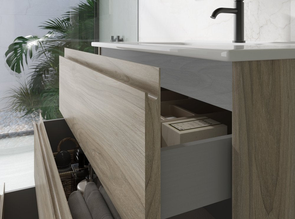 48" Natural Wood Freestanding Bathroom Vanity With White Sink And Three Drawers