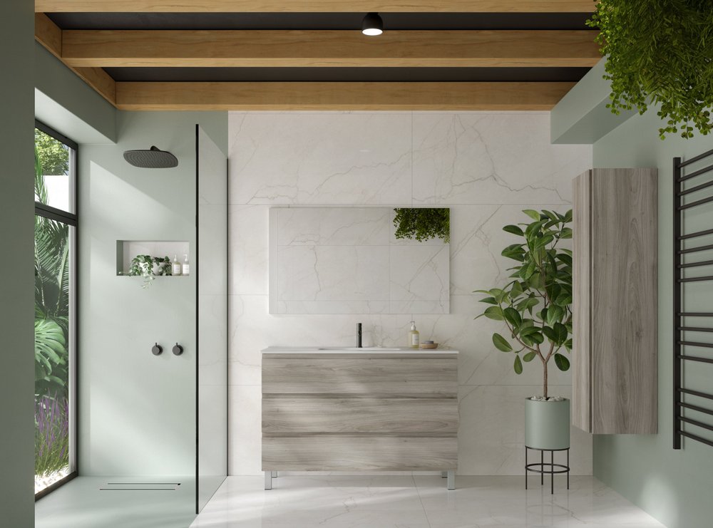 48" Natural Wood Freestanding Bathroom Vanity With White Sink And Three Drawers