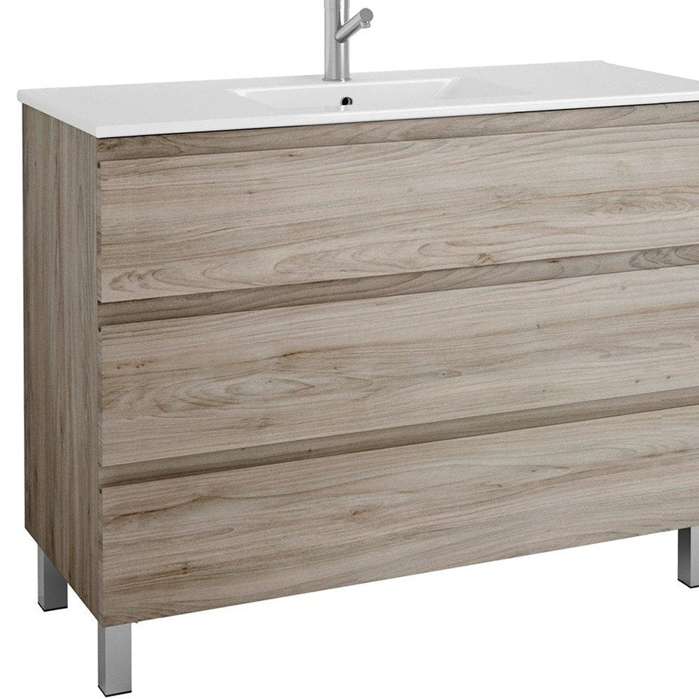 48" Natural Wood Freestanding Bathroom Vanity With White Sink And Three Drawers