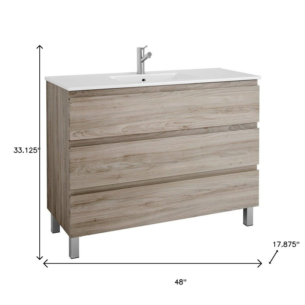 48" Natural Wood Freestanding Bathroom Vanity With White Sink And Three Drawers