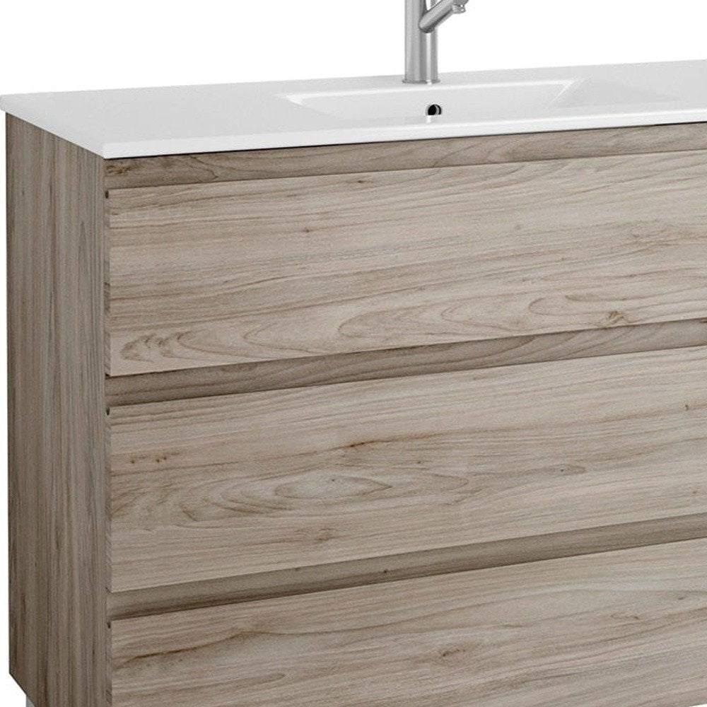 48" Natural Wood Freestanding Bathroom Vanity With White Sink And Three Drawers