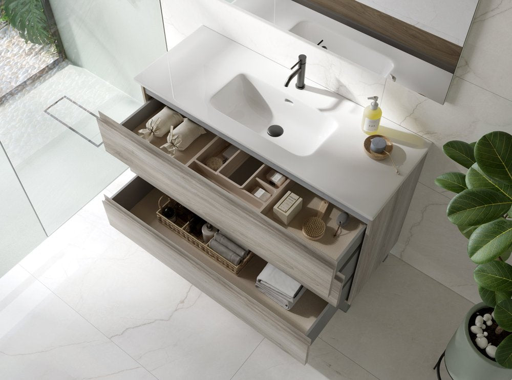 48" Natural Wood Freestanding Bathroom Vanity With White Sink And Three Drawers