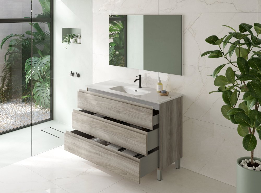 48" Natural Wood Freestanding Bathroom Vanity With White Sink And Three Drawers