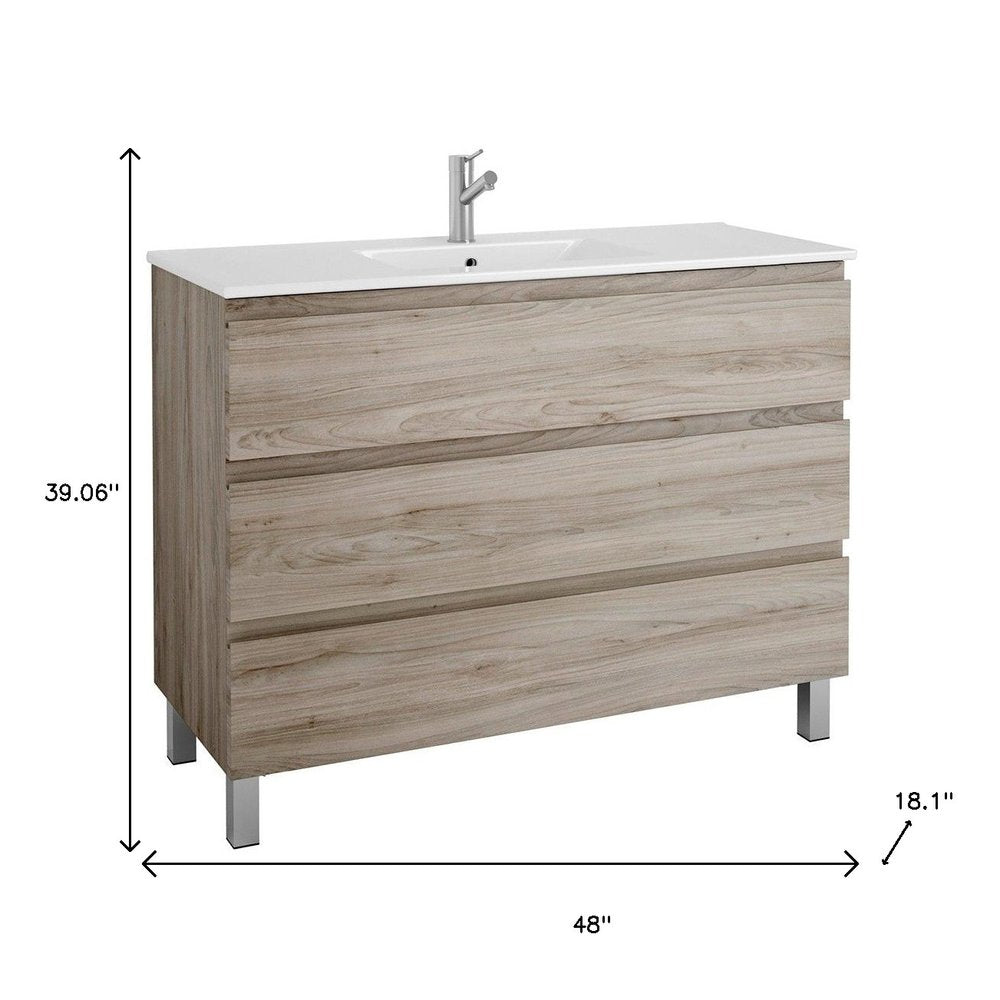 48" Natural Wood Freestanding Bathroom Vanity With White Sink And Three Drawers