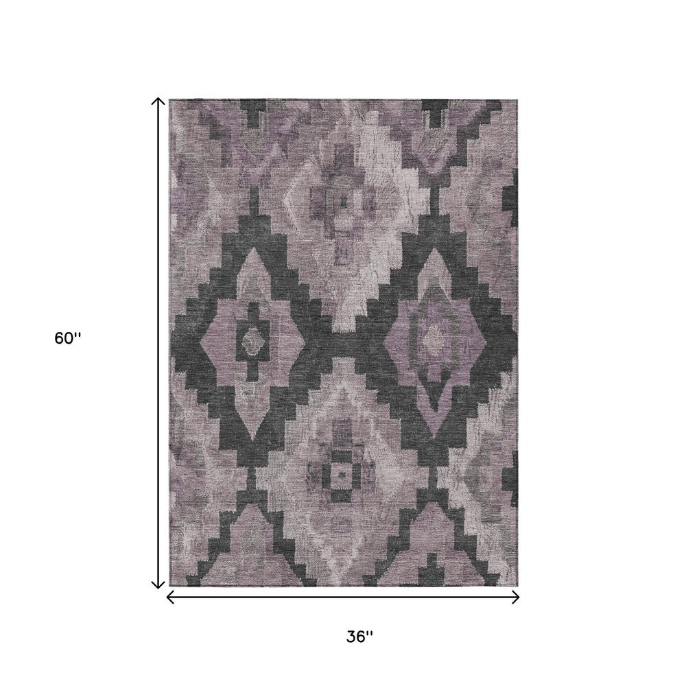 3' X 5' Lavender And Charcoal Aztec Washable Indoor Outdoor Area Rug
