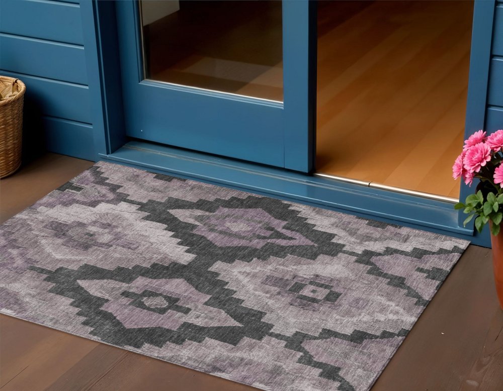 3' X 5' Lavender And Charcoal Aztec Washable Indoor Outdoor Area Rug