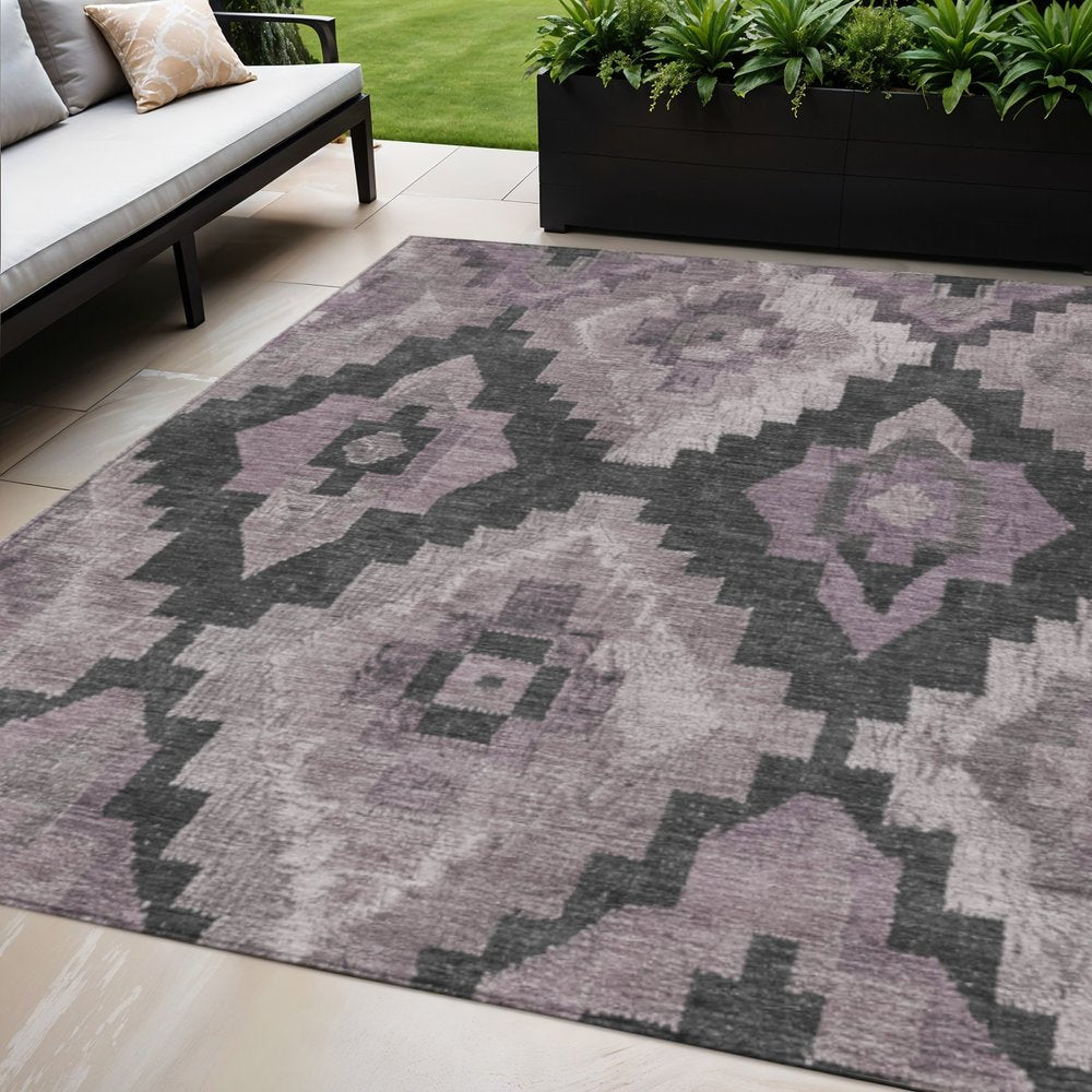 3' X 5' Lavender And Charcoal Aztec Washable Indoor Outdoor Area Rug