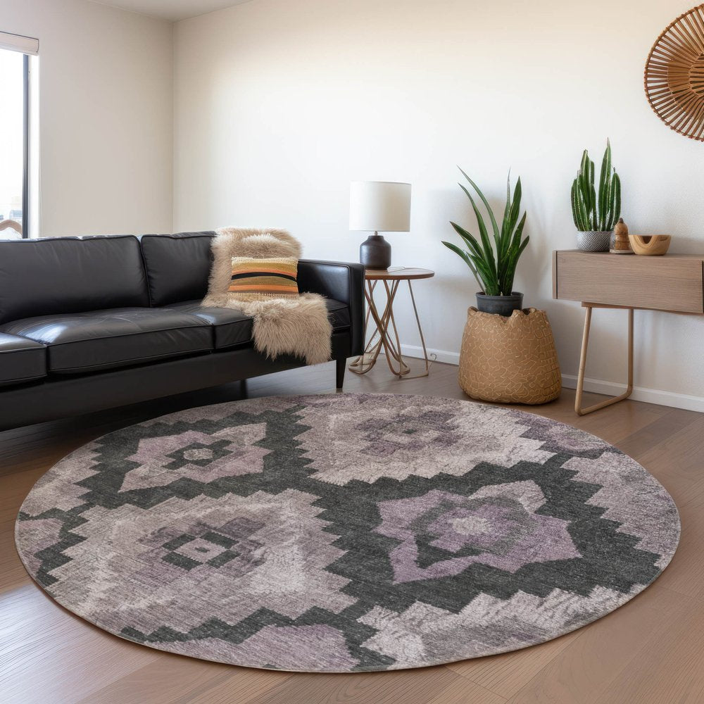 3' X 5' Lavender And Charcoal Aztec Washable Indoor Outdoor Area Rug