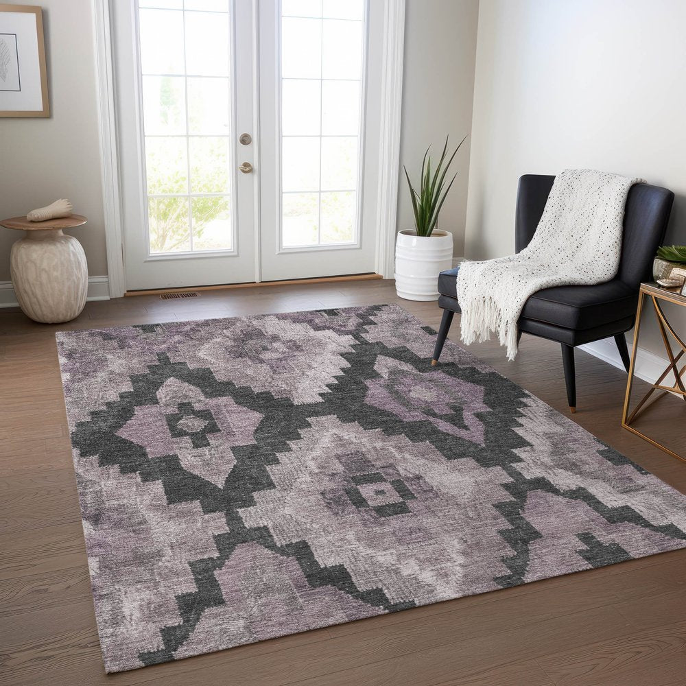 3' X 5' Lavender And Charcoal Aztec Washable Indoor Outdoor Area Rug