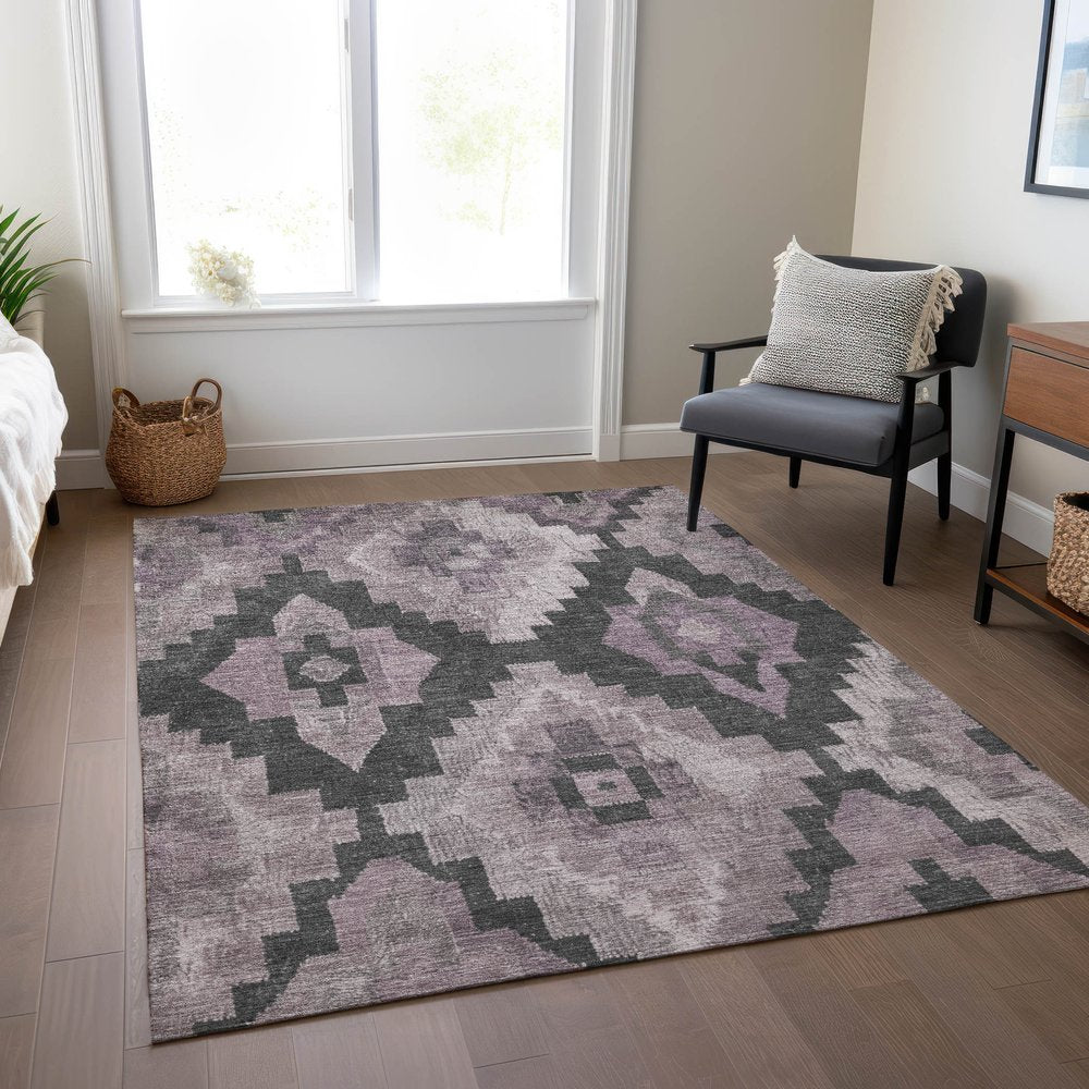 3' X 5' Lavender And Charcoal Aztec Washable Indoor Outdoor Area Rug