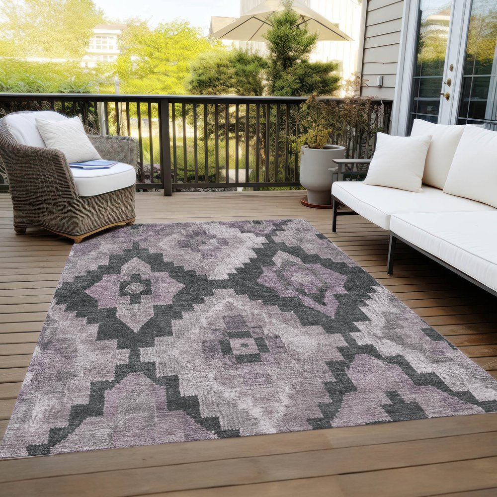 3' X 5' Lavender And Charcoal Aztec Washable Indoor Outdoor Area Rug