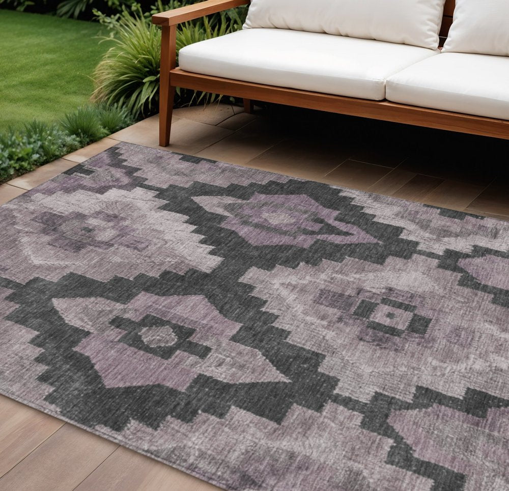 3' X 5' Lavender And Charcoal Aztec Washable Indoor Outdoor Area Rug