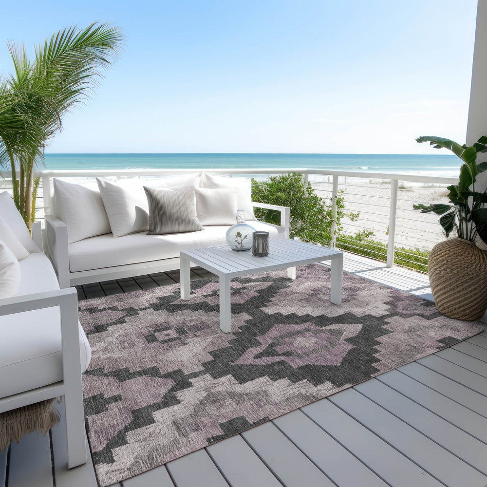 3' X 5' Lavender And Charcoal Aztec Washable Indoor Outdoor Area Rug
