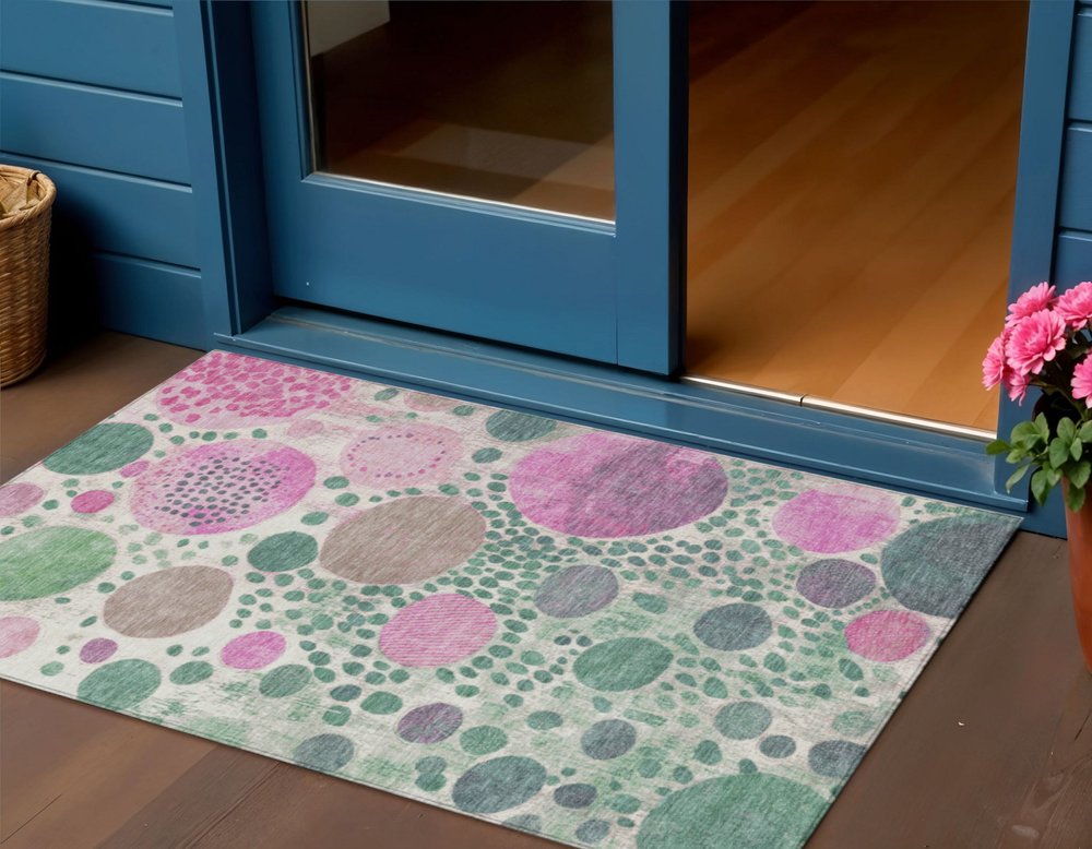 3' X 5' Green Pink And Mauve Geometric Washable Indoor Outdoor Area Rug