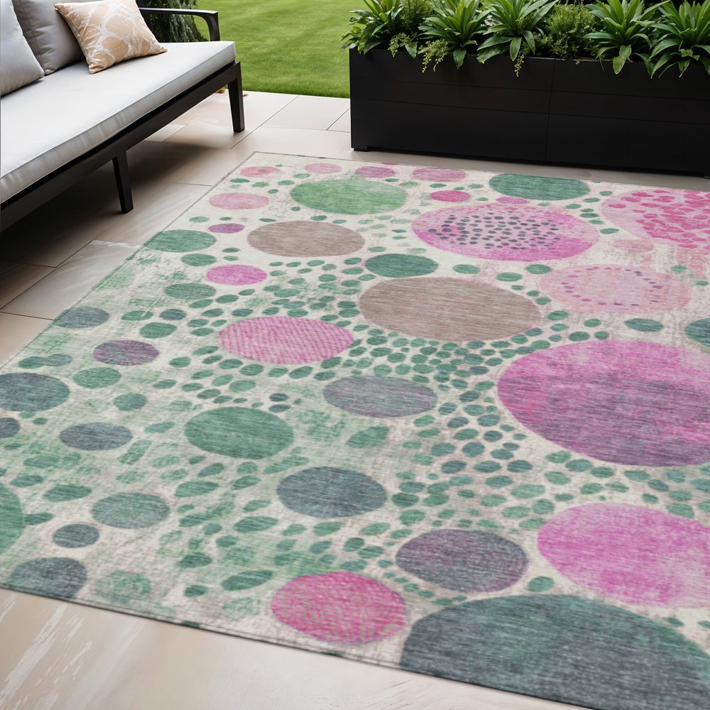 3' X 5' Green Pink And Mauve Geometric Washable Indoor Outdoor Area Rug
