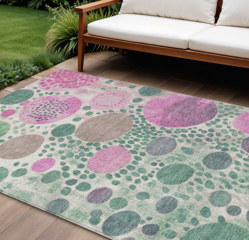 3' X 5' Green Pink And Mauve Geometric Washable Indoor Outdoor Area Rug