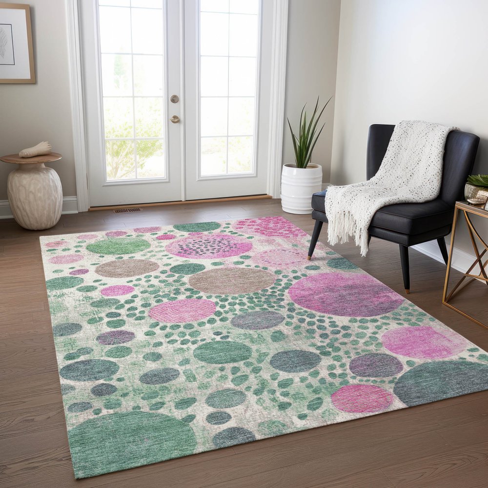 3' X 5' Green Pink And Mauve Geometric Washable Indoor Outdoor Area Rug