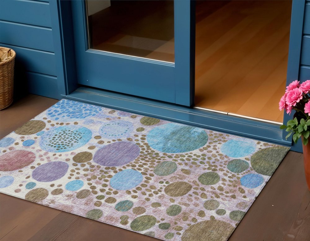 3' X 5' Khaki Blue And Purple Geometric Washable Indoor Outdoor Area Rug