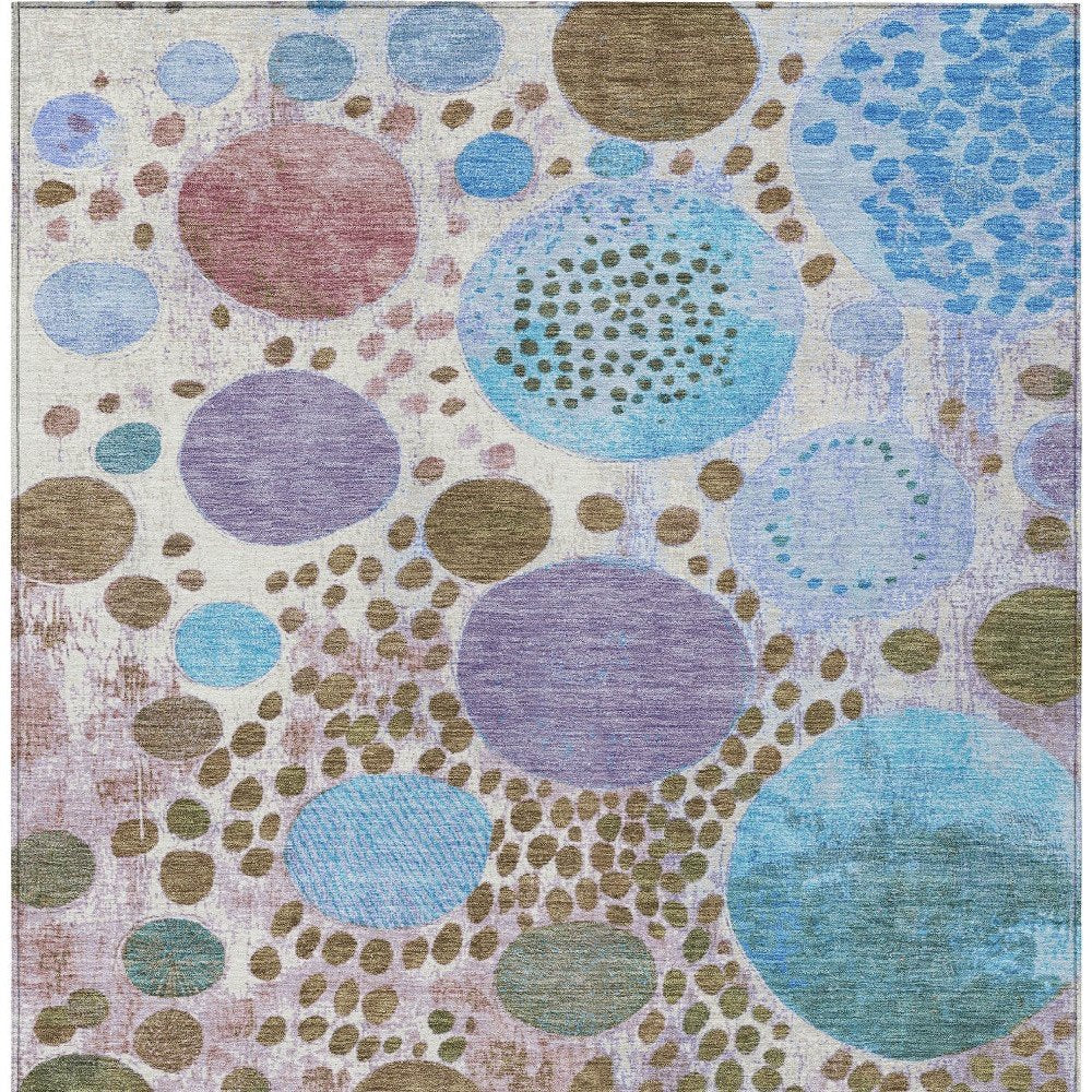 3' X 5' Khaki Blue And Purple Geometric Washable Indoor Outdoor Area Rug