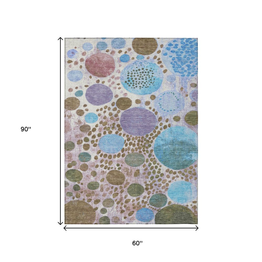 3' X 5' Khaki Blue And Purple Geometric Washable Indoor Outdoor Area Rug