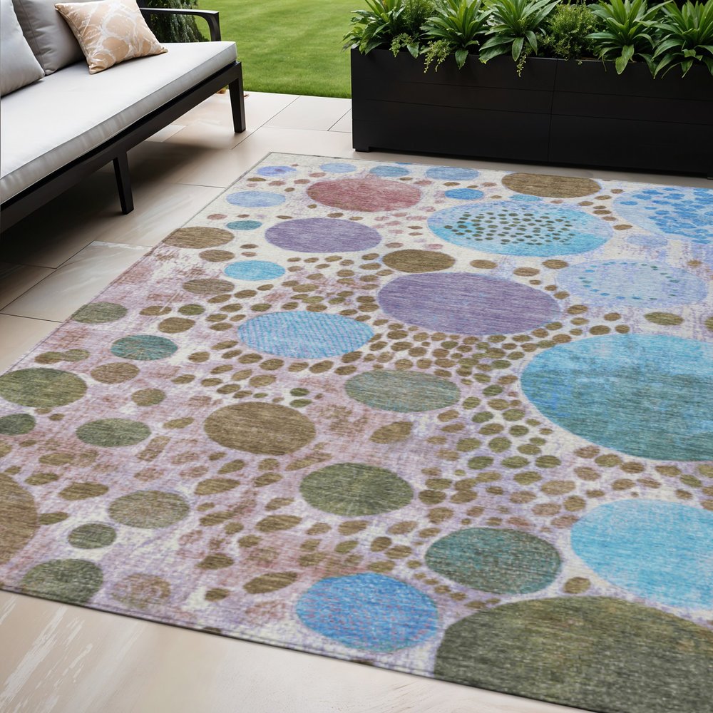 3' X 5' Khaki Blue And Purple Geometric Washable Indoor Outdoor Area Rug