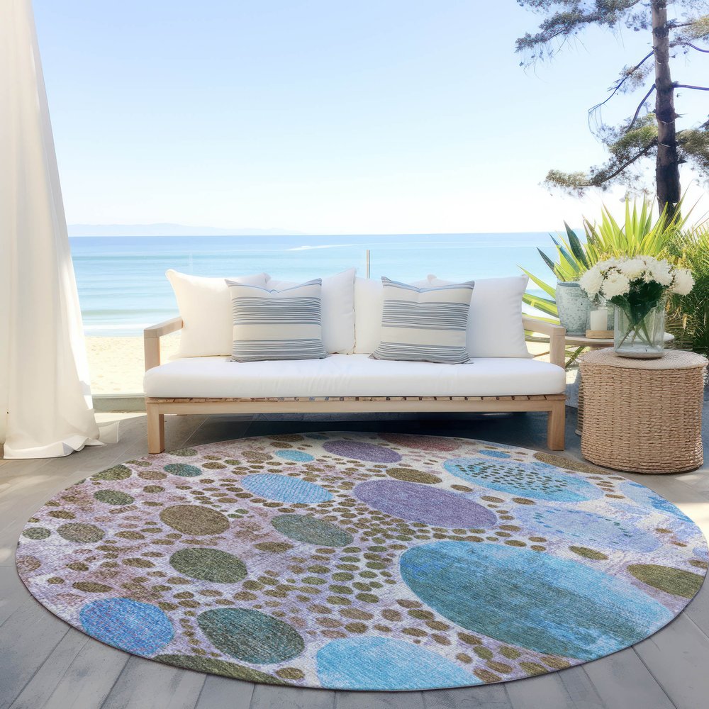 3' X 5' Khaki Blue And Purple Geometric Washable Indoor Outdoor Area Rug