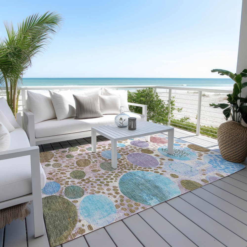 3' X 5' Khaki Blue And Purple Geometric Washable Indoor Outdoor Area Rug