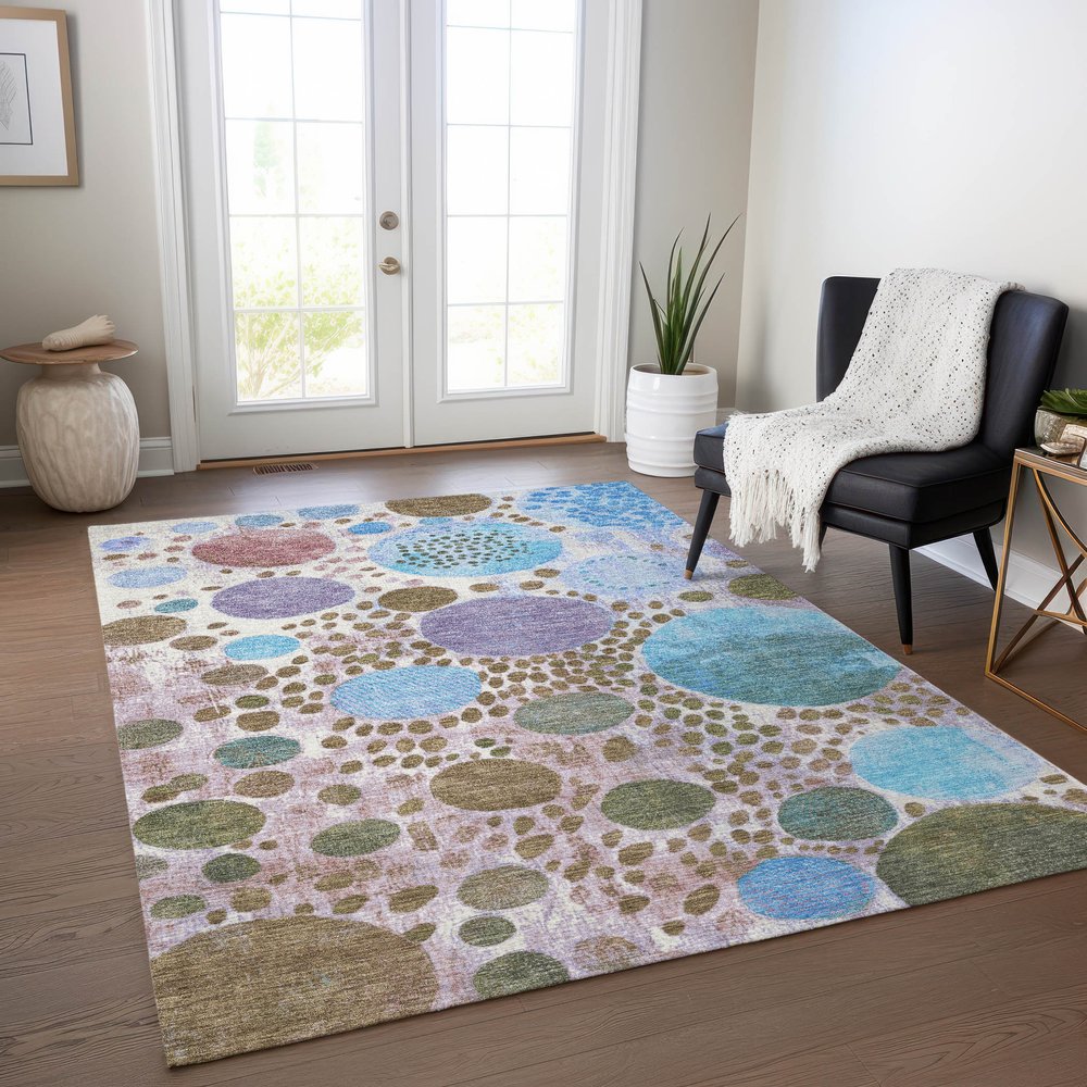 3' X 5' Khaki Blue And Purple Geometric Washable Indoor Outdoor Area Rug