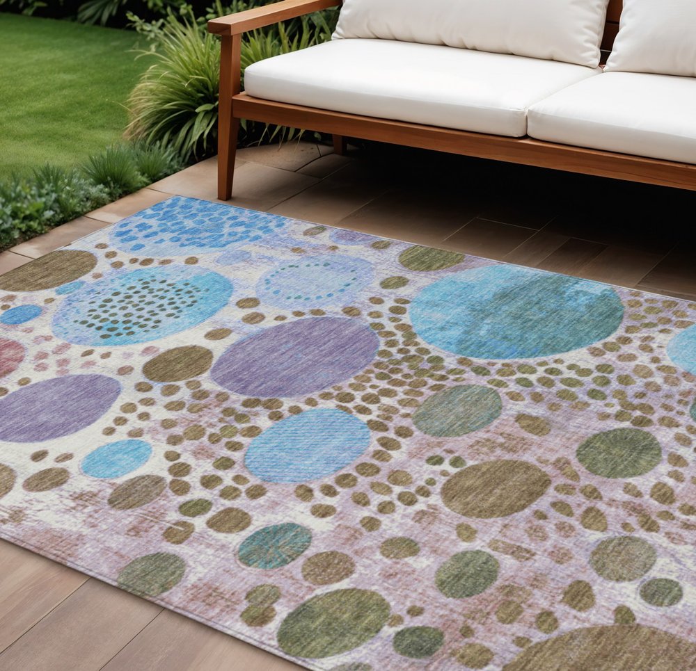 3' X 5' Khaki Blue And Purple Geometric Washable Indoor Outdoor Area Rug